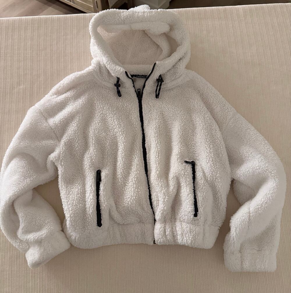 Calvin Klein Performance White Sherpa Fleece Full Zip Cropped Hoodie Size Large